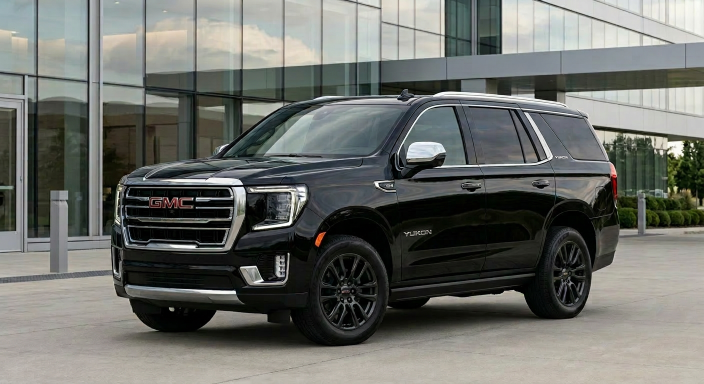 Black GMC SUV outside modern building Black GMC SLT SUV parked on concrete in front of modern glass building